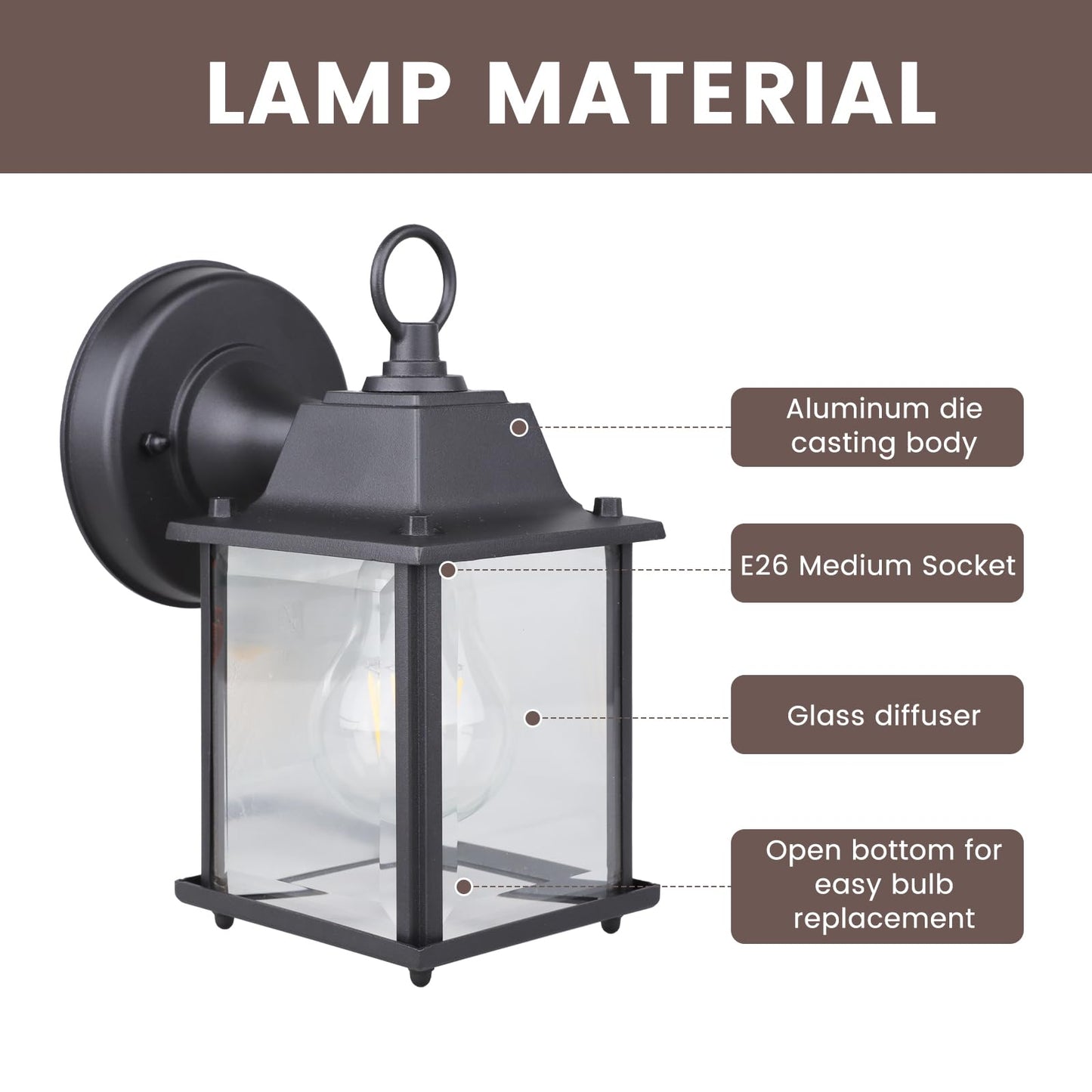 MULANDI Outdoor Light Fixture, Classic Die-Cast Aluminum & Tempered Glass Porch Light for House, E26 Base (60W Max) Waterproof Wall Lantern for Front