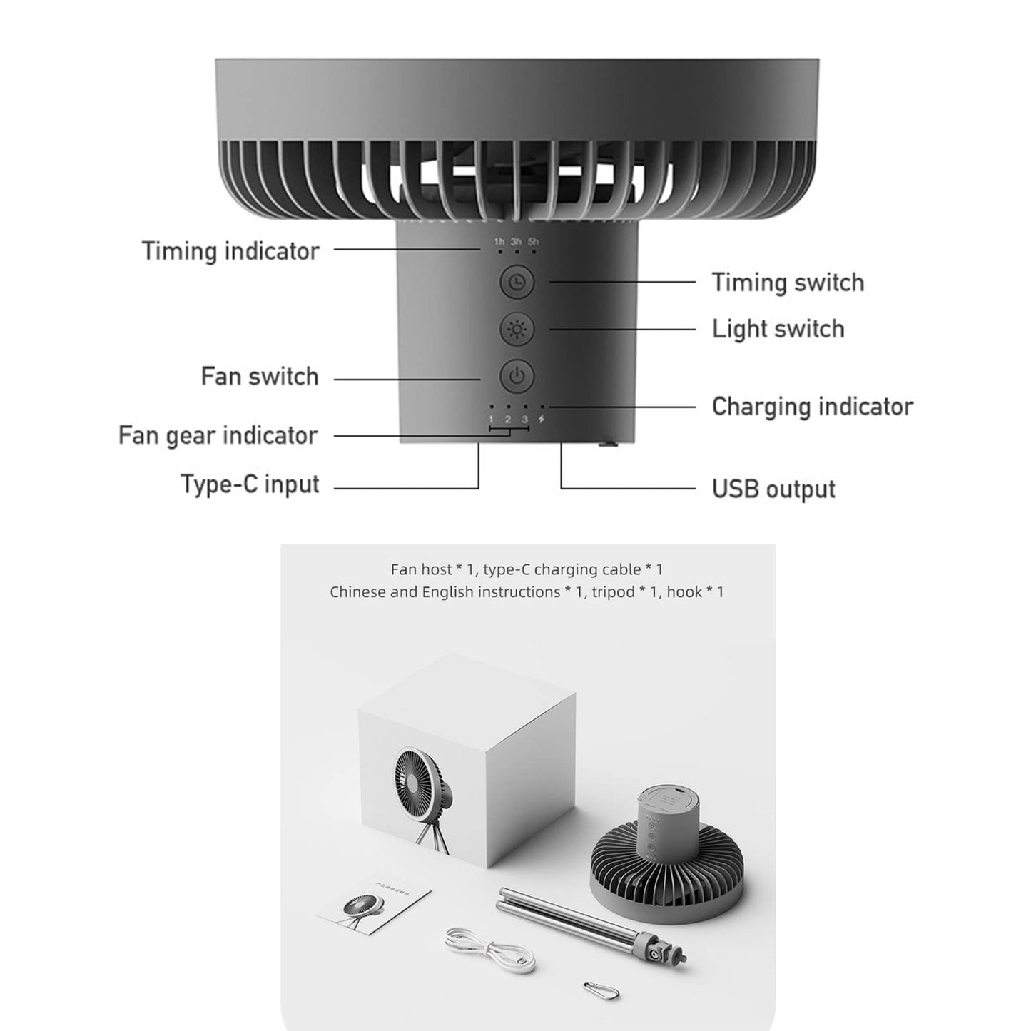 Fay Bless Tent Fan with A Tripod, Desk Fan with Light,18 * 18cm, 560g, 10000mAh, Work Time 27H (Gray)