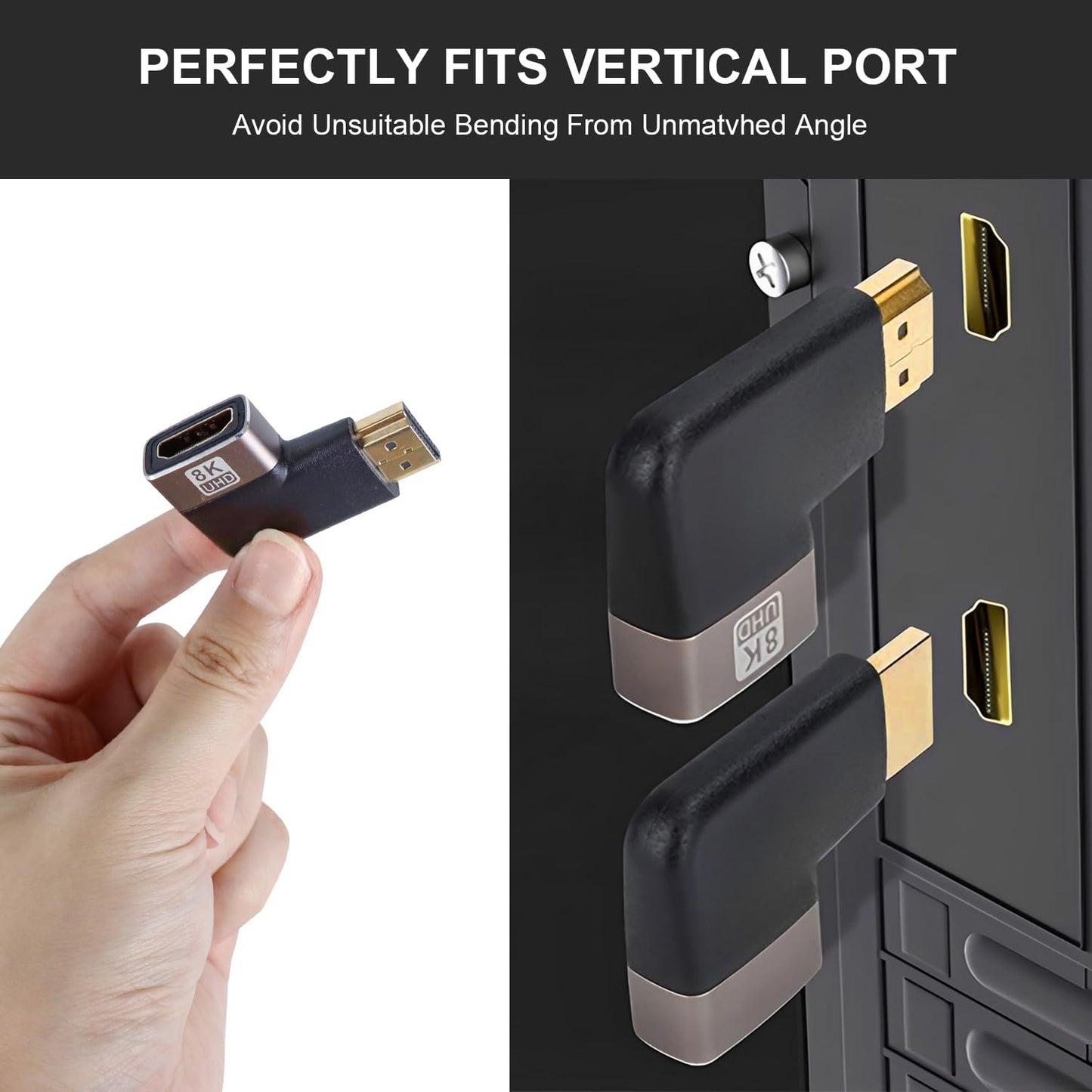 HDMI Coupler 8K, 90 Degree and 270 Degree Gold Plated Adapter 2 Pack, Right Angle HDMI Male to Female Vertical Adapter HDMI Flat Extender, Supports