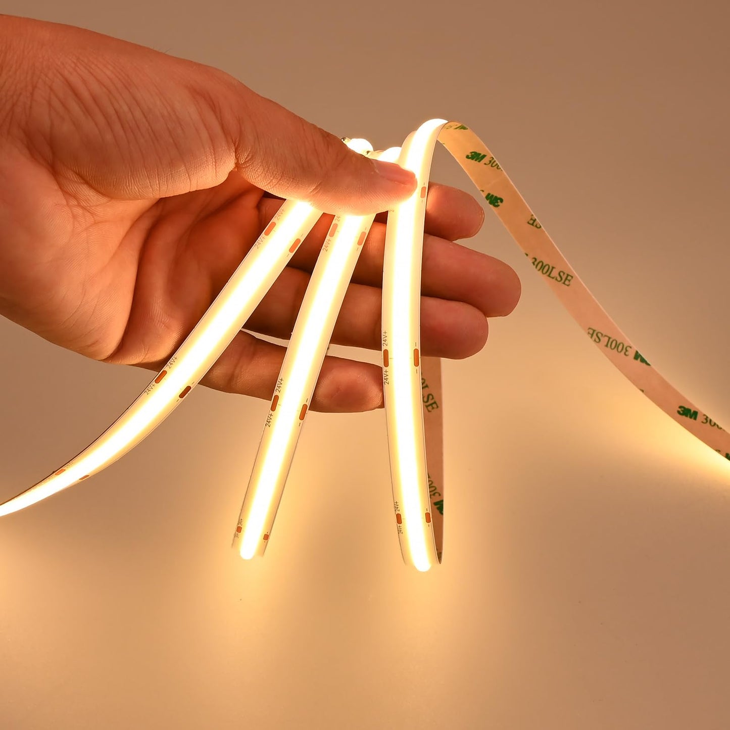GOMING 24V Super Bright COB LED Strip Light Warm White 3000K 16.4ft(5M) 621LM/FT 14.5W/M CRI 93+ High Density 480LED/M IP20 Not Waterproof LED Tape