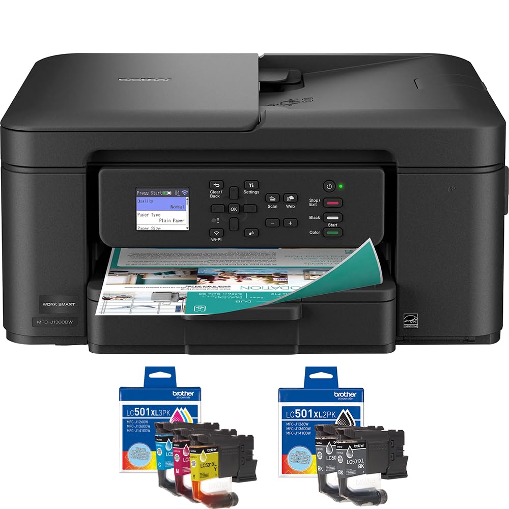 Brother Work Smart 1360 Wireless Color Inkjet All-in-One Printer Bundle with 3-Pack High Yield Color Ink Cartridges (Cyan/Magenta/Yellow) + Twin Pack
