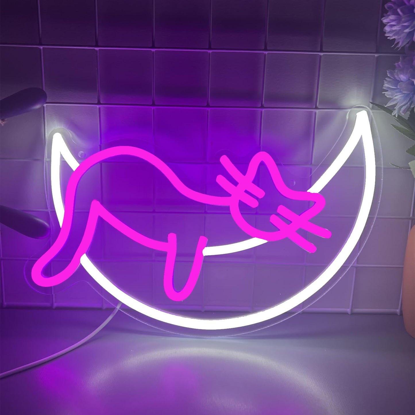 Pink Cat Moon LED Neon Sign Dreamy Night Light for Bedroom Wall Decor USB Powered Flexible Light Strip for Girl's Room, Cafe, Pet Shop, Gift for Cat