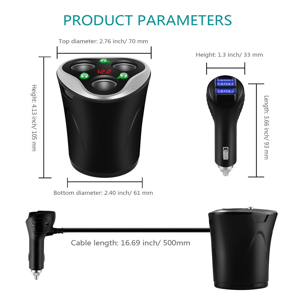 Skyocean 3 Socket Cigarette Lighter Splitter Power Adapter + 3 USB Car Charger 120W 12V/24V DC Outlet with Volt Meter, On/Off Switch for Cell Phone