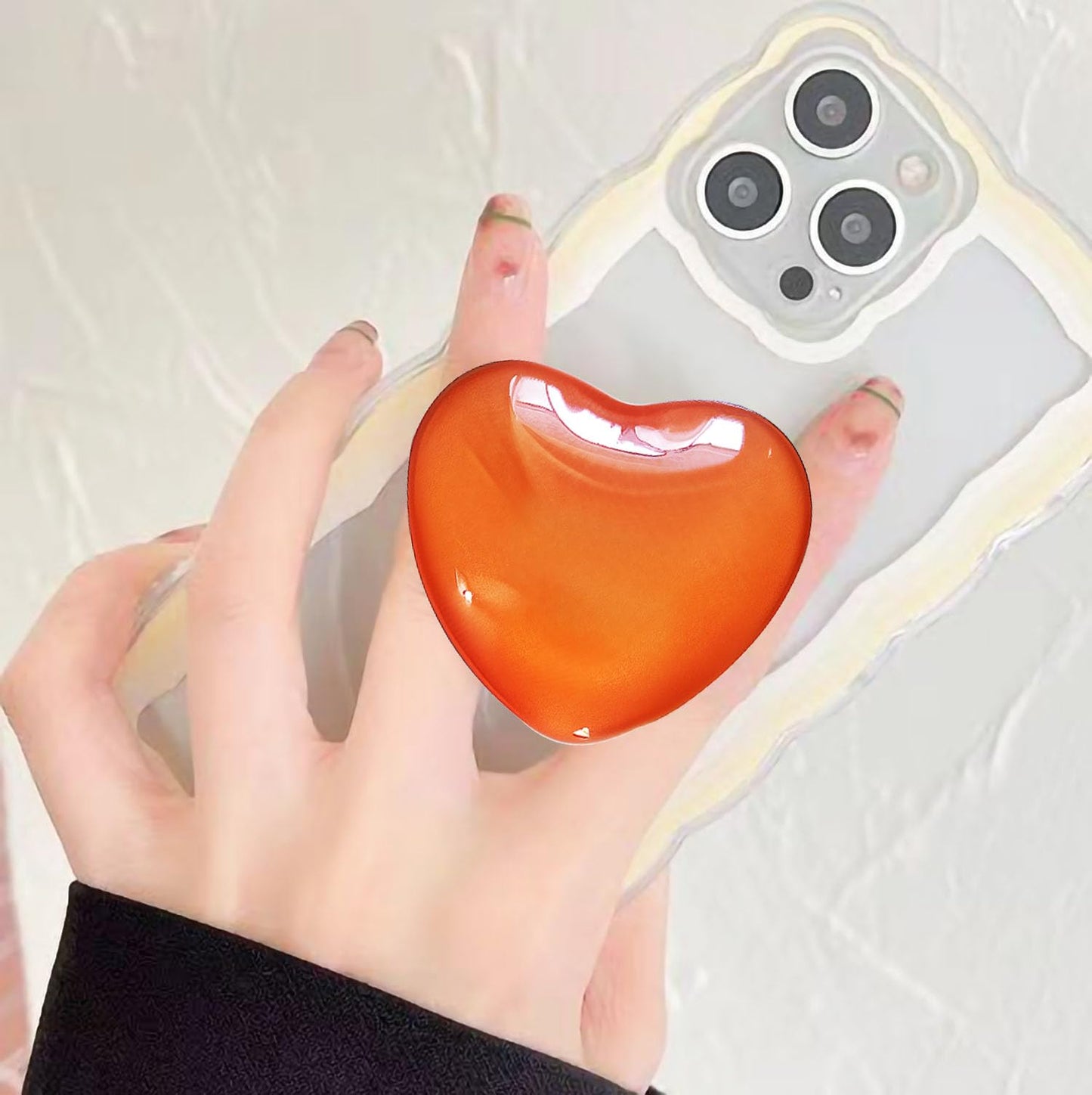 Cute Orange Heart Phone Grip - Large 3D Collapsible Crystal Phone Holder & Stand for Kindle, iPhone 17 16 15 14 13 Pro Max, iPad, Tablet | Phone
