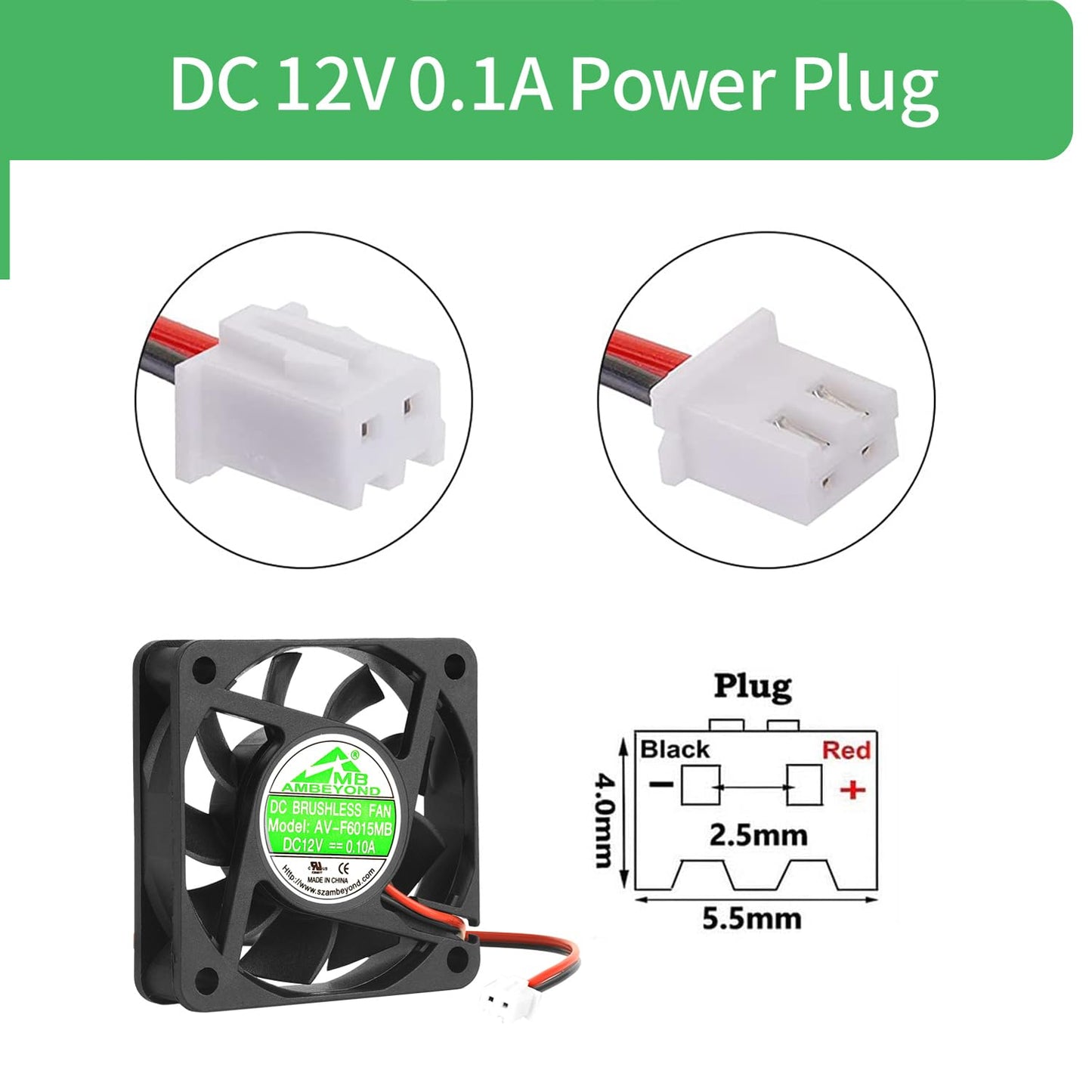 60mm by 60mm by 15mm 6015 12V DC 0.10A Ball Bearing Brushless Cooling Fan 2pin AV-F6015MB UL TUV