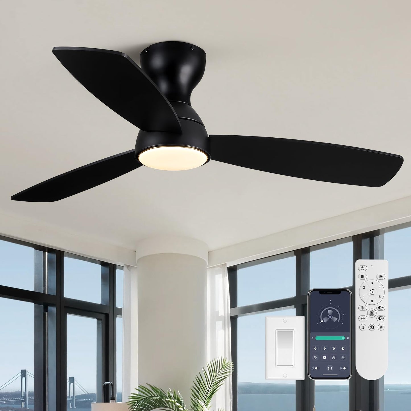 MOOONICHE 42" Ceiling Fan with Light and Remote, Small Quiet Low Profile Fandelier, Flush Mount Fan Lights with Memory Function, 3CCT, Dimmable