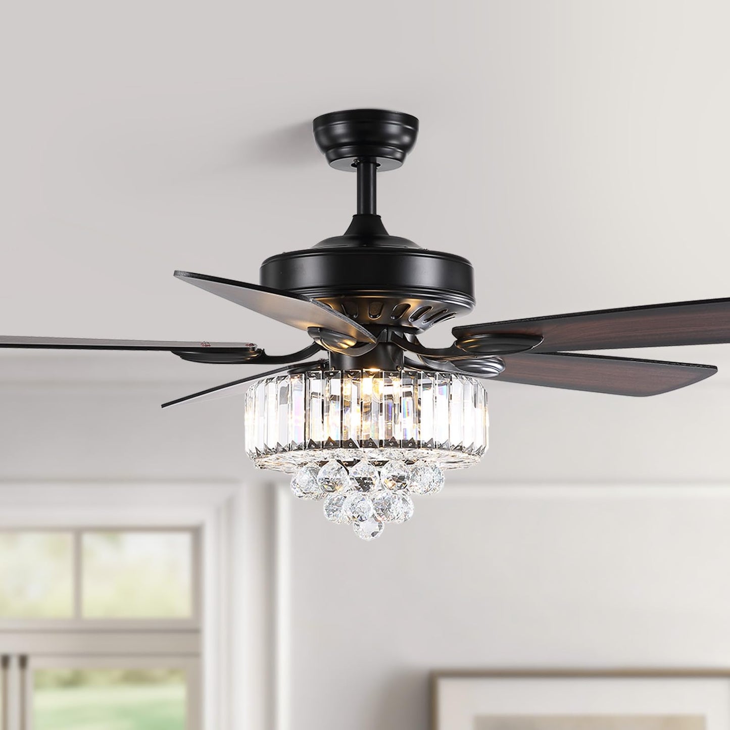 MOOONICHE 52 Inch Crystal Ceiling Fan with Lights and Remote Modern Black Chandelier Fan for Bedroom 5 Reversible Wood Blades Silent DC Motor