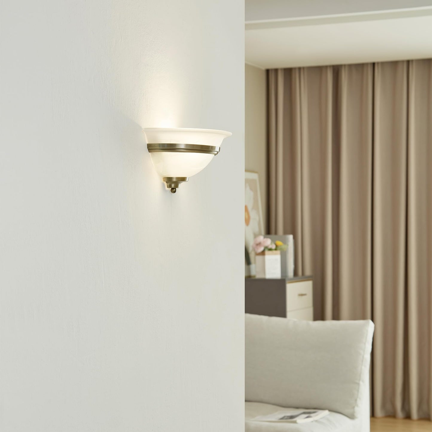 Lucande 12.2" Antique Brass Half Moon Wall Sconce Light, Uplight Wall Mount Light with Frosted Glass Bowl Shade, Traditional Wall Sconce for Bedroom
