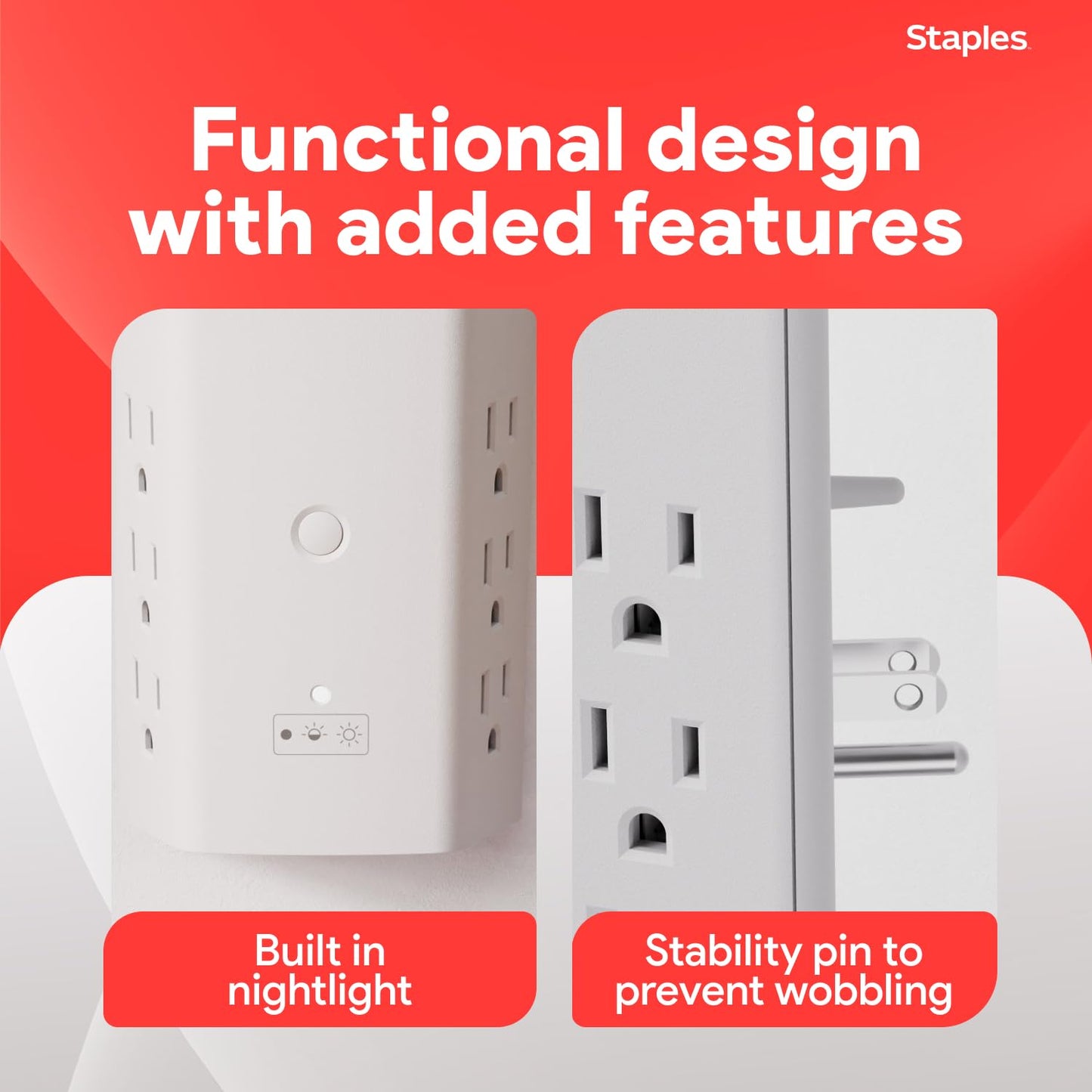 Staples TECH 6-Outlet Surge Protector, Wall Mountable with 2 USB-A & 1 USB-C Port - 1200 Joules, White, Ideal for Home & Office