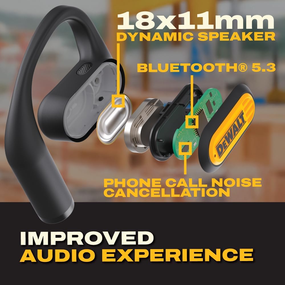 DEWALT Heavy Duty Open Ear Headphones, Bluetooth 5.3 Wireless Earbuds IP55, 44Hrs Runtime, Jobsite Premium Sound True Wireless Air Conduction Open…