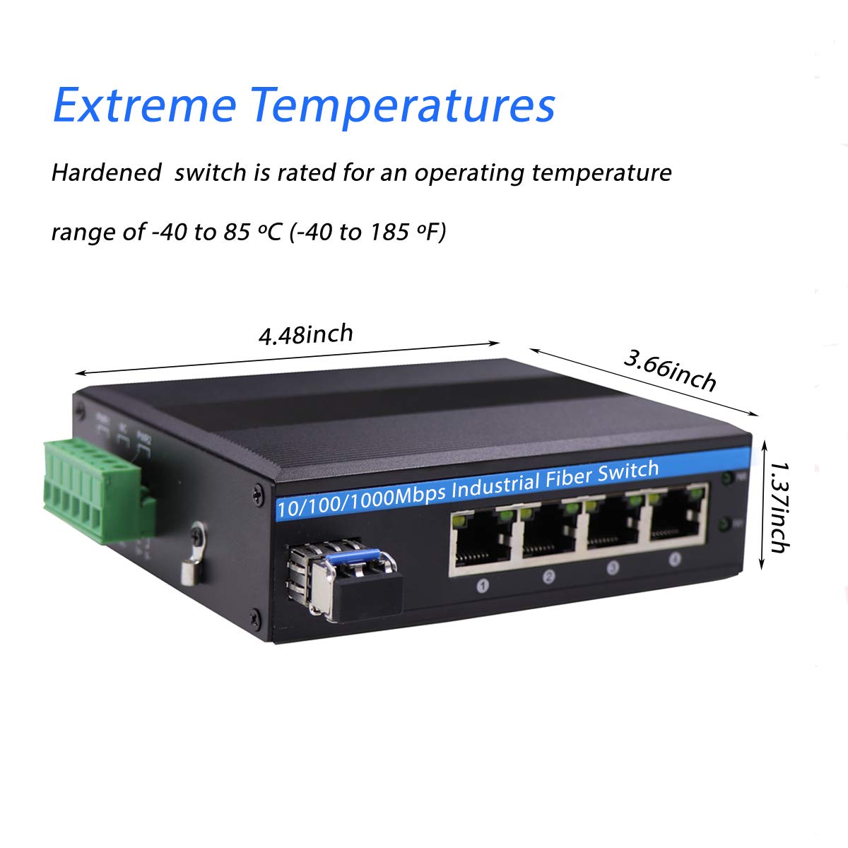 OLYCOM Harsh Outdoor 5-Port Gigabit Ethernet Fiber Converter, Industrial DIN-Rail Network Switch, 100/1000Base-T to LC, Up to 20KM(with SFP