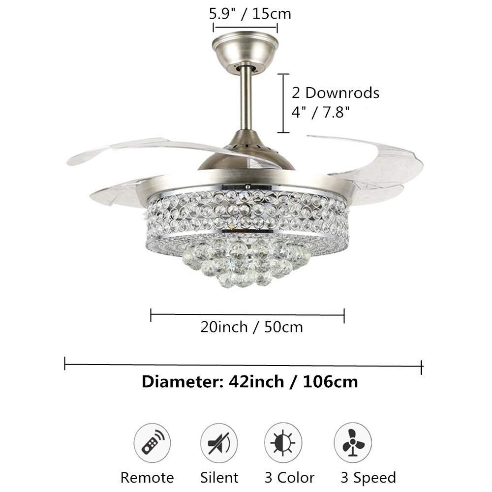 A Million 42" Crystal Ceiling Fan with Light Retractable Blades Brushed Nickel Modern LED Chandelier Remote 3 Colors 3 Speeds Change Silent Ceiling