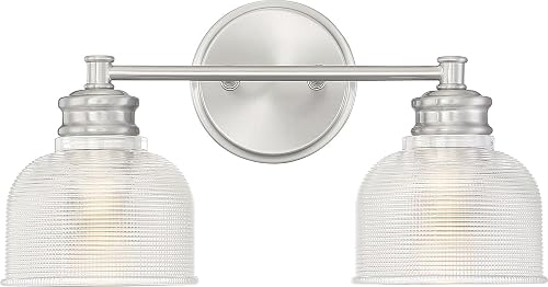 Meridian M80034BN Traditional Farmhouse Clear Halophane Glass Bathroom Vanity Wall Light, 2-Light 120 Total Watts, 9" H x 16" W, Brushed Nickel