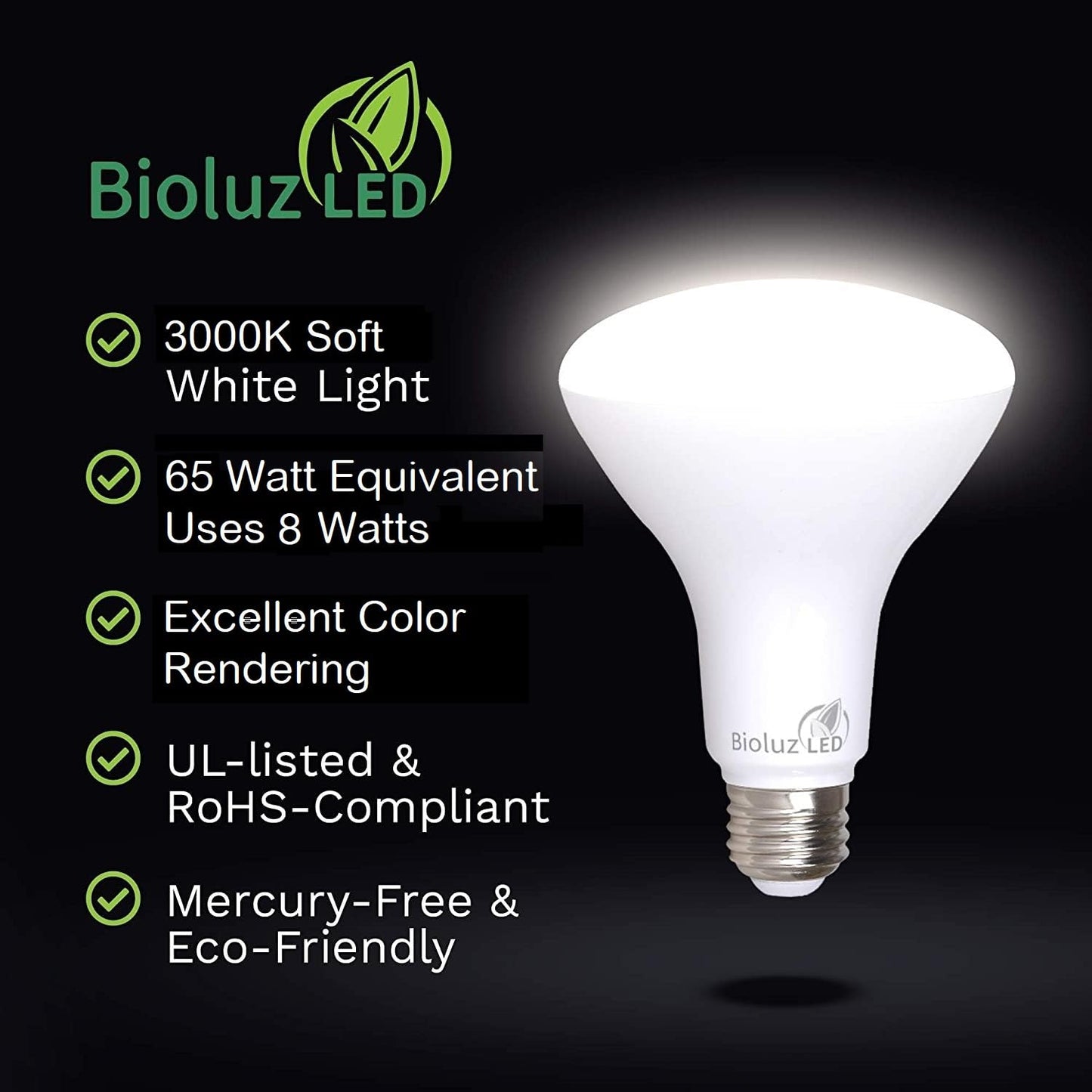 Bioluz LED 4 Pack BR30 LED Bulbs, Indoor Flood Lights High CRI 65W Equivalent uses 8W 3000K Soft White 650 Lumens, E26 Base Dimmable Instant On