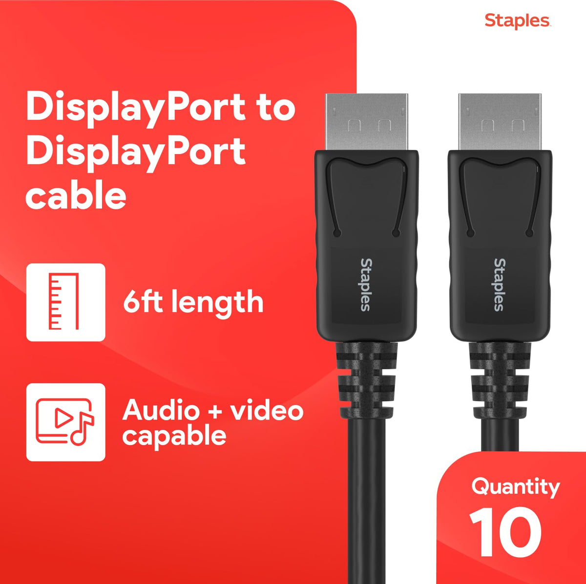 Staples TECH DisplayPort to DisplayPort Cable, 6 Ft, Black, 10-Pack