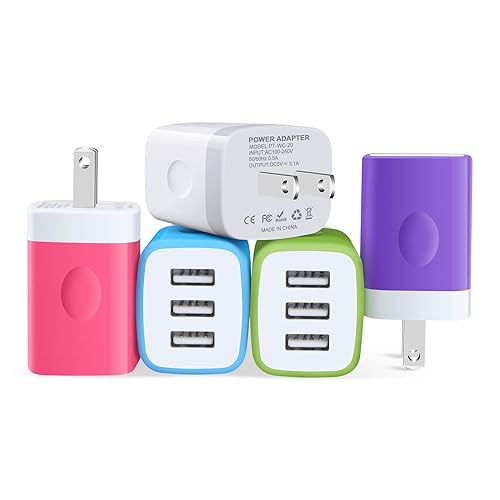Charger Plug, Charging Block Sicodo 5-Pack 3.1Amp 3-Port USB Cube for iPhone 17/16/15/14/13/12/SE/11Pro Max, Plus, Samsung Galaxy, LG, Moto, Kindle