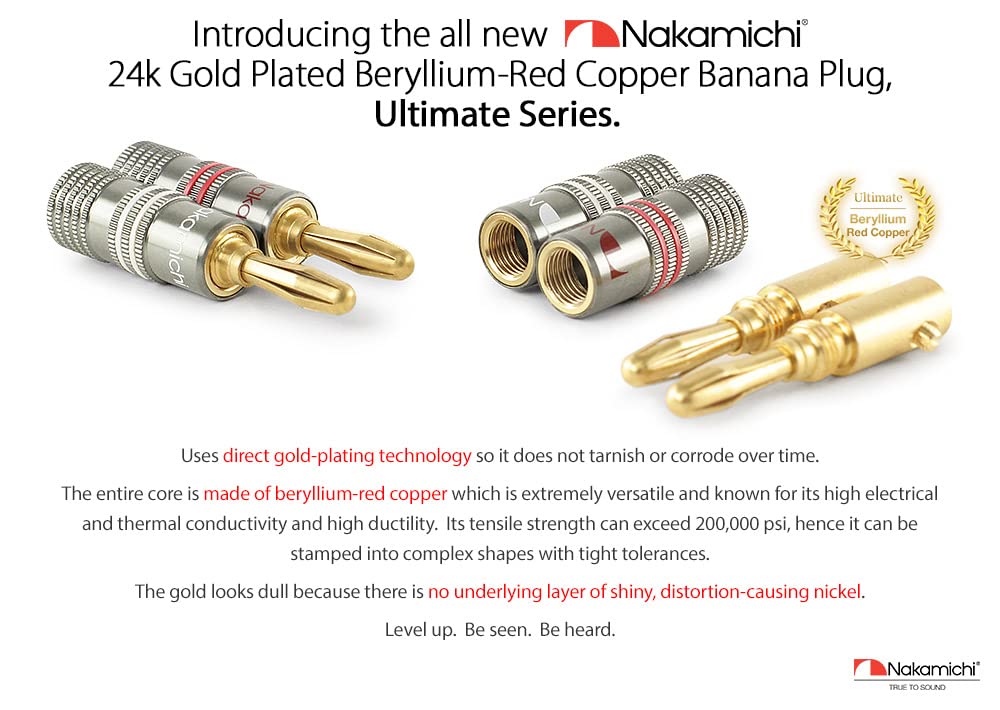 Nakamichi Ultimate Series 24K Gold Plated Beryllium Red Copper Banana Plug 12-18 AWG Gauge Size 4mm Connector for Speakers Wire Amplifiers Hi-Fi Sound