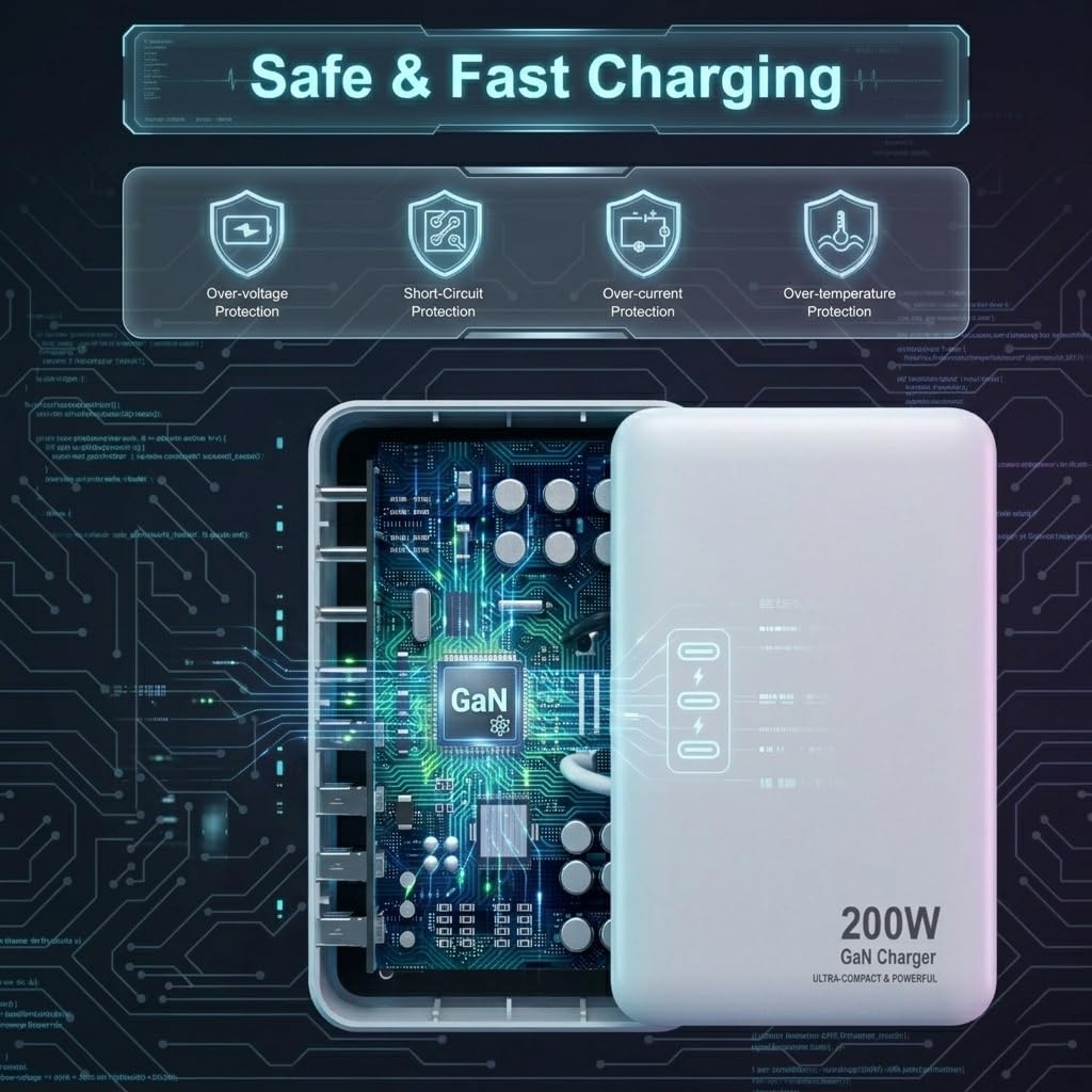 200W USB C Charger USB C Charger Block,Upgraded GaN III 8-Port Fast Charging Station Hub,PD 65W Laptop Charging Adapter Compatible with MacBook