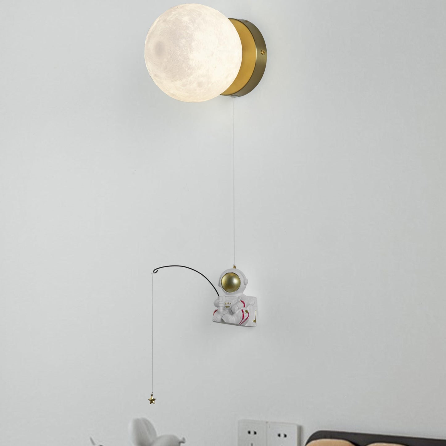 COSYLUX Cute Moon & Astronaut Wall Sconce - Modern Cordless 3D Printed Wall Light for Kids Room, Bedroom, Living Room with Brass Mount | 5.9" Moon