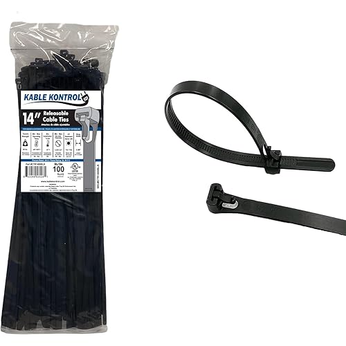 Kable Kontrol Reusable Cable Zip Ties 14 Inch 100 Pcs Black, 50 Lbs Tensile Strength, Self-Locking, Multipurpose Trigger Releasable & Adjustable Nylon