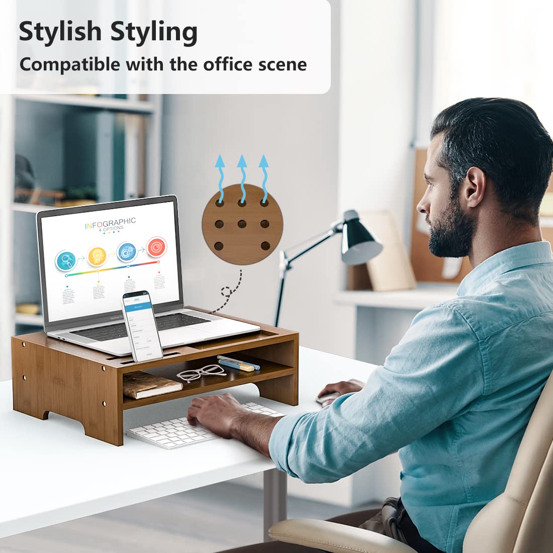 Monitor Stand Riser with Storage Organizer Desktop with Cooling Holes Bamboo Laptop Riser Shelf for Office and Home Use 16.7x11.8x5 inch (Walnut)