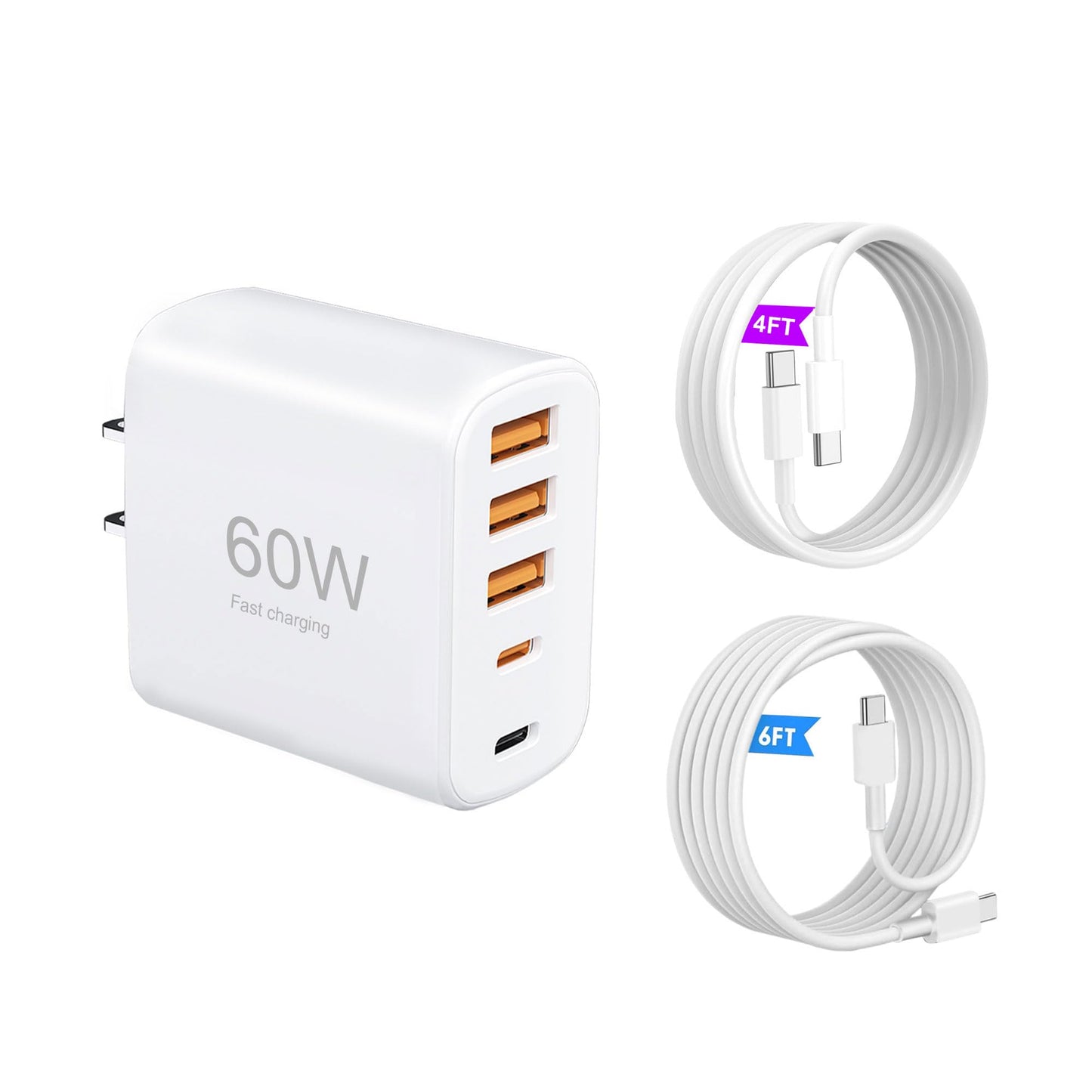 60W Multi-Port USB-C Charger with Cables (4FT + 6FT), 5-Port Wall Plug Power Adapter Compatible with iPhone 17/16/15 Series, iPad, Samsung S25/S24