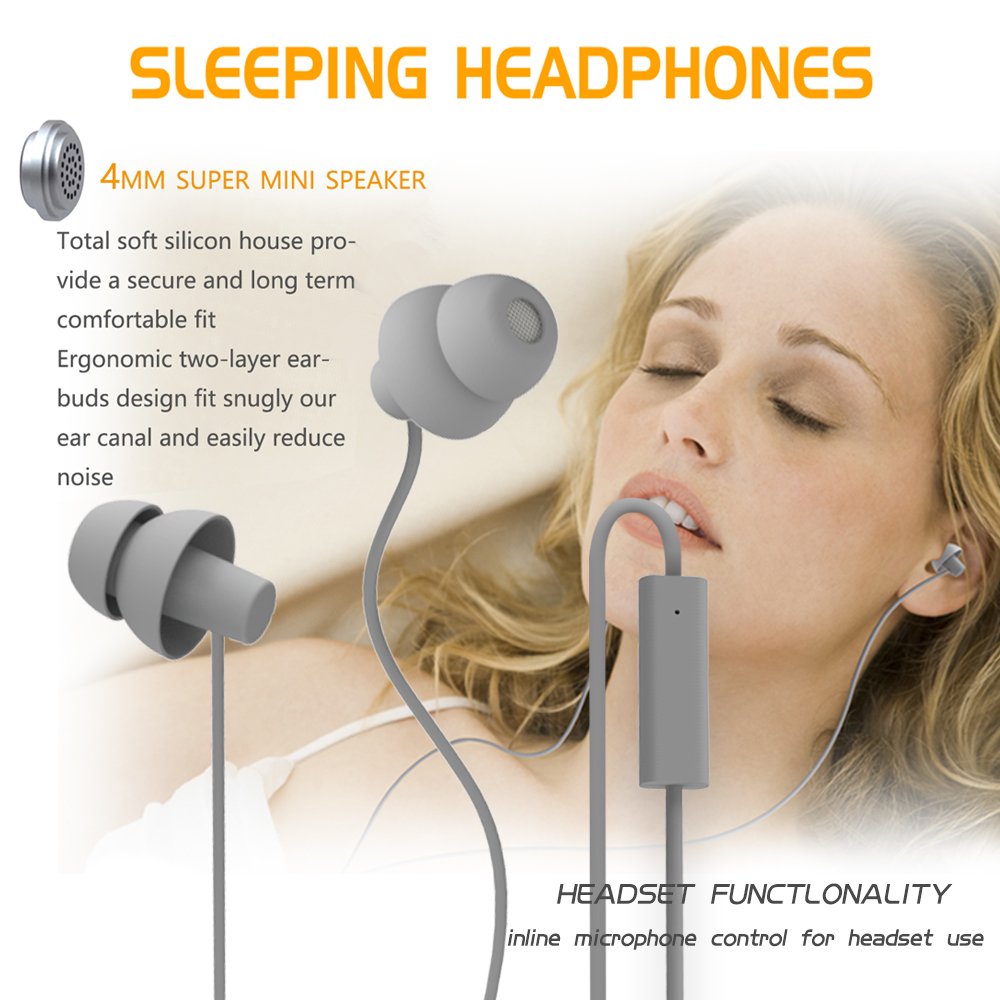 MAXROCK (TM Unique Total Soft Silicon Sleeping Headphones Earplugs Earbuds with Mic for Cellphones,Tablets and 3.5 mm Jack Plug (Grey)