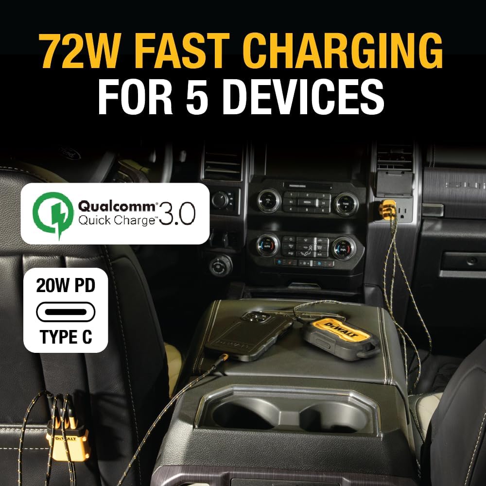 DEWALT Heavy Duty 72W 5 Port USB Car Charger Multiport, iPhone 16 Multi USB Car Charger, Fast Charge PD & QC3.0 Cigarette Lighter Adapter w/ 6FT
