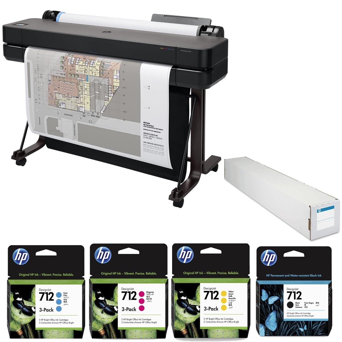 HP DesignJet T630 36" Wireless Large Format Color Thermal Inkjet Plotter Printer, 2025 Edition, Bundle with 3X Color and 80ml Black Ink Pack, Matte