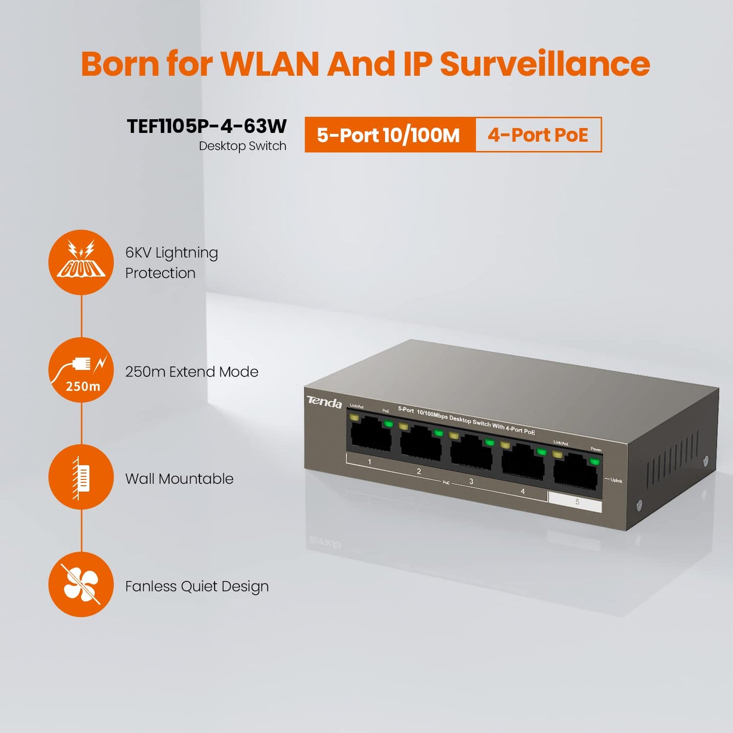 Tenda TEF1105P, 5 Port Fast Ethernet PoE Switch with 4 PoE+ Ports @58W, Unmanaged PoE Powered Switch, Plug & Play, Desktop & Wall-Mount, Fanless