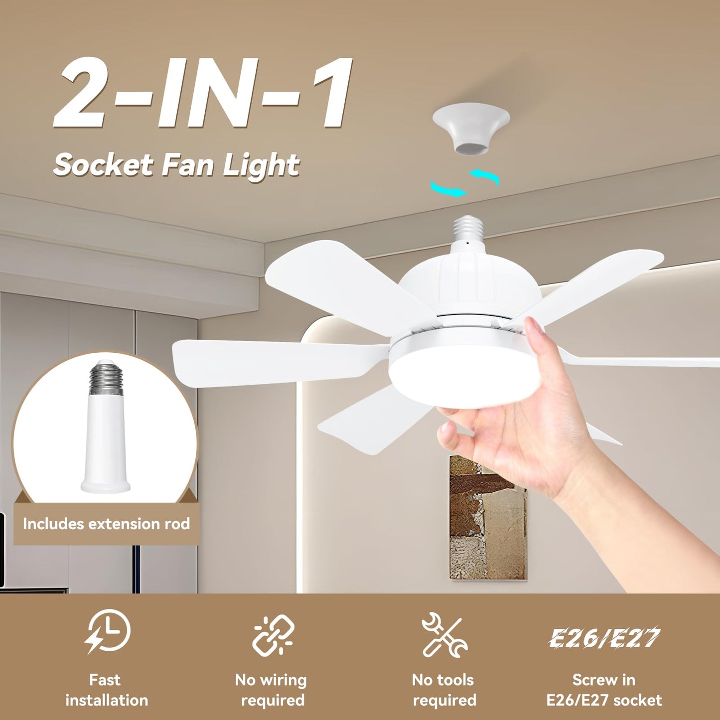 Socket Fan Light with Remote Control - socket ceiling fan 18-in ceiling fans with lights and remote Ideal for Bedroom Kitchen Dining Room and Living