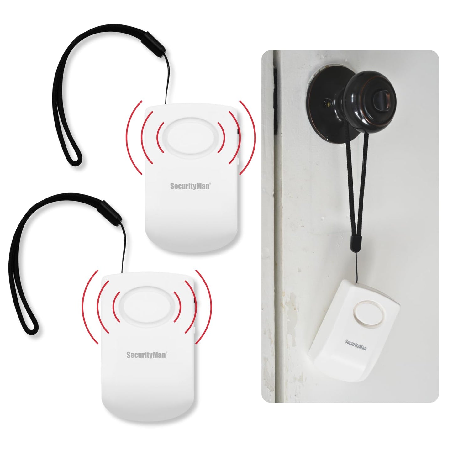 Securityman Door Handle Alarm with 130dB Vibration Triggered Portable Door Alarms When Opened - Perfect for Kids, Toddler, Elderly, Hotel, Travel