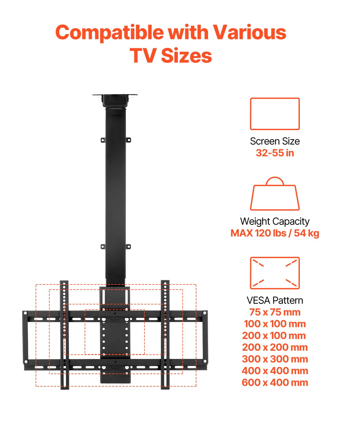 VEVOR Motorized Ceiling TV Mount, TV Wall Mount for 32 to 55 Inch TV, Electric Adjustable Ceiling TV Mount, Motorized Flip Down TV Mount Bracket