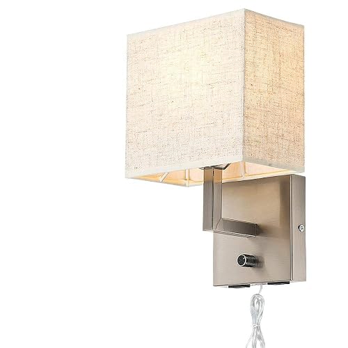 Bedside Wall Mount Light with Dimmer Switch and Two USB Charging Port,Fabric Linen Shade Wall Sconces Light with Plug in Cord and Satin Nickel Finish