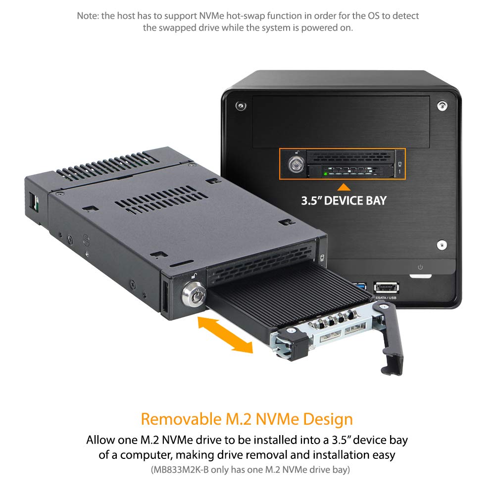 ICY DOCK M.2 PCIe 3.0/4.0 NVMe SSD Removable Mobile Rack Enclosure for External 3.5” Drive Bay | ToughArmor MB833M2K-B