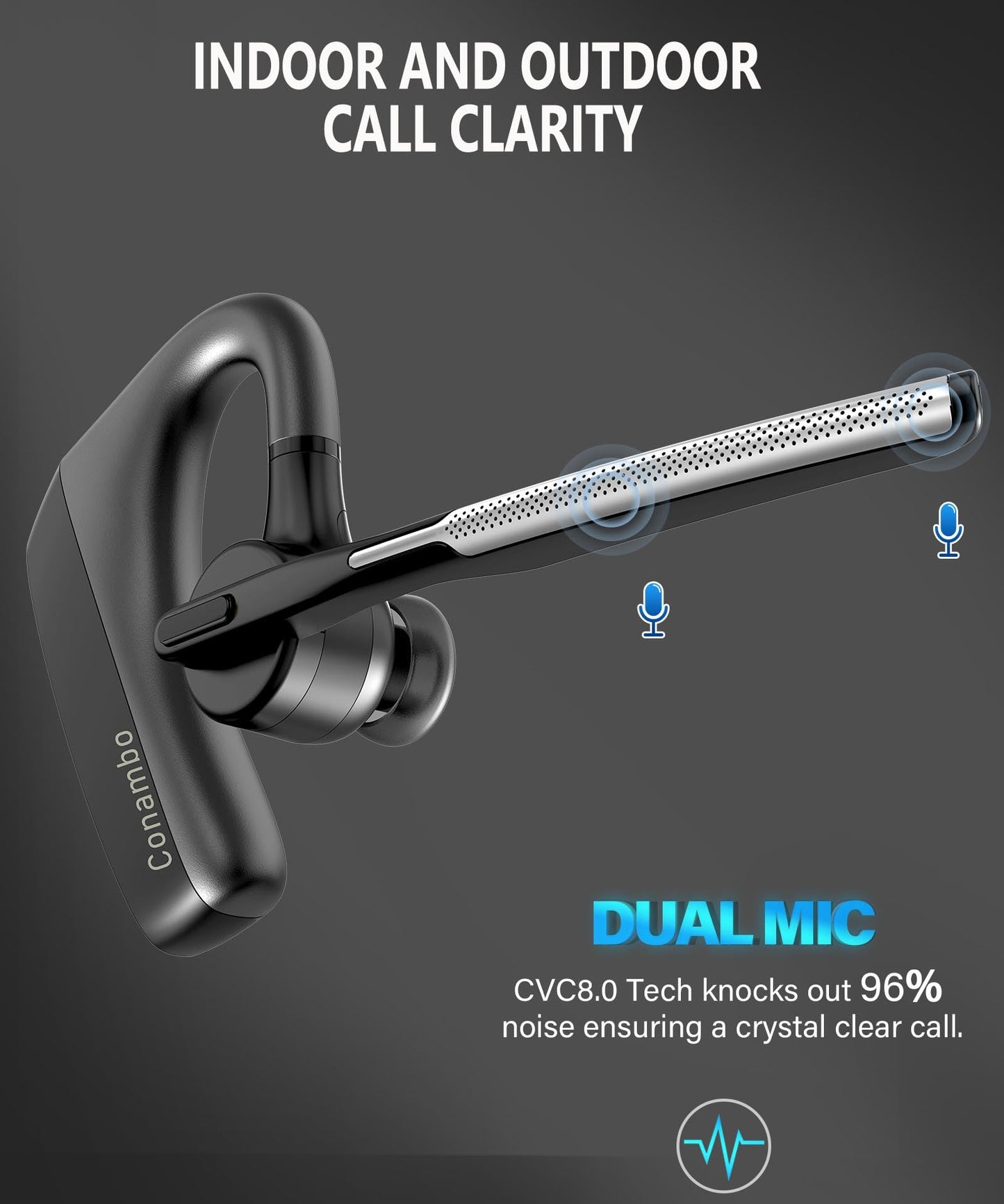 Conambo K18 Wireless Headset Bluetooth V5.1, Bluetooth Earpiece 16 Hrs Talking Time Hands-Free Single Ear Bluetooth Headset with Dual Mic Noise