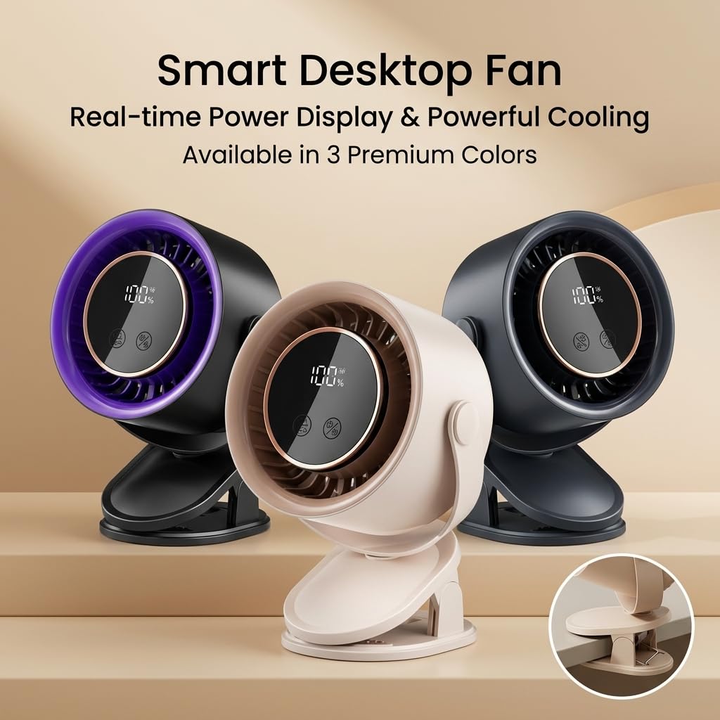 KSBTPST 3-in-1 Portable Clip-on Fan, 199 Speed Adjustable USB Rechargeable with LED Display, 360 Rotatable High Wind, 17H Long Battery Life