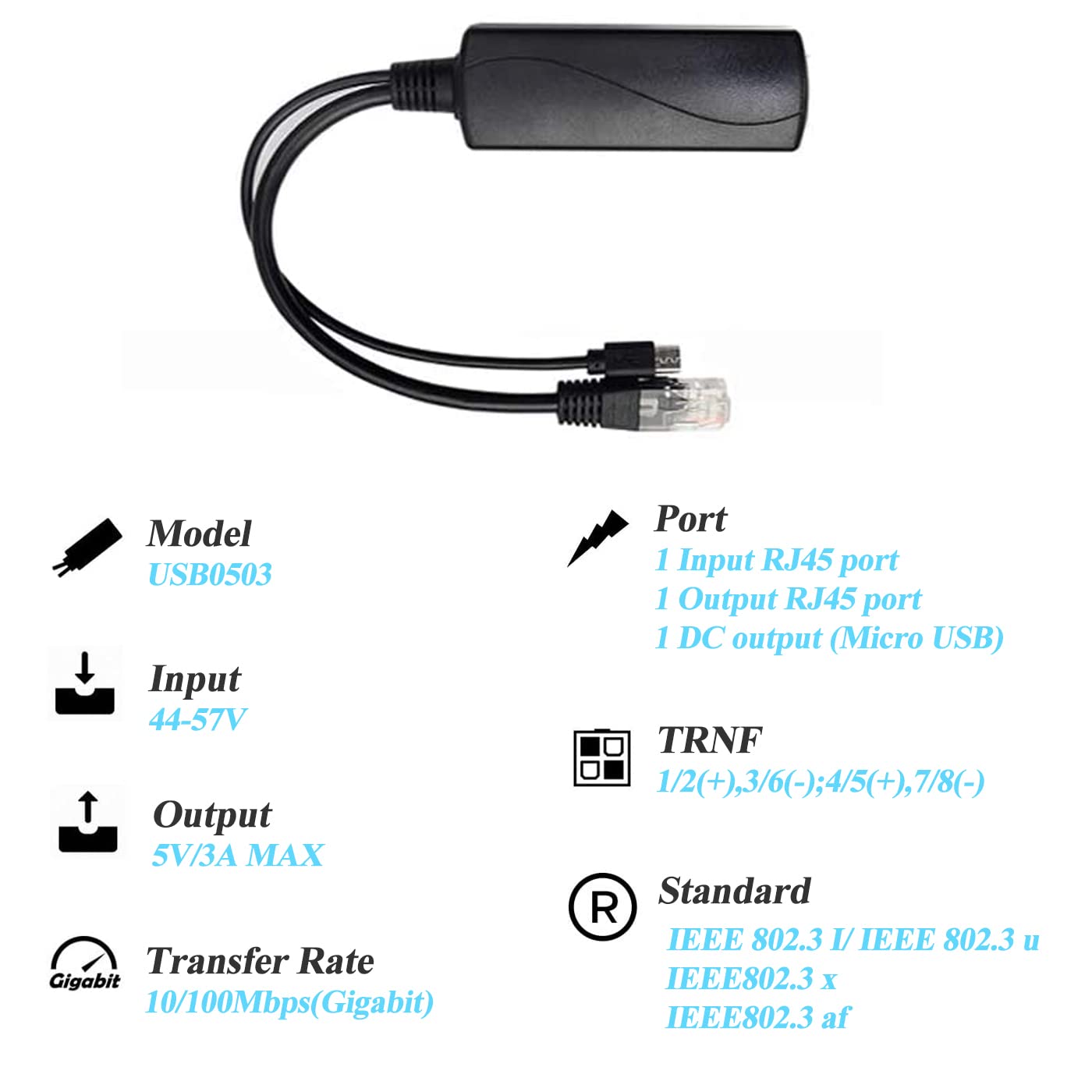 Revotech Micro USB PoE Splitter 5V 3A, IEEE 802.3af/at Standard 10/100Mbps for Raspberry Pi 3B, Tablets, Dropcam Power Over Ethernet USB Splitter