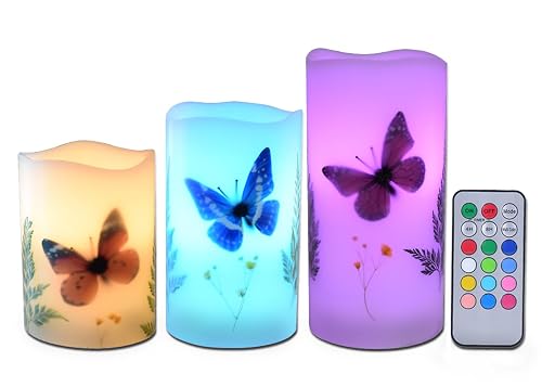 UNIVELA Candles Set of 3 Flameless 4" 5" 6" Unscented Tealight Butterfly Flower Plants Decor Real Wax Pillar Candle LED Lights 12 Color Changing 4H 8H