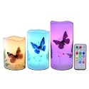 UNIVELA Candles Set of 3 Flameless 4" 5" 6" Unscented Tealight Butterfly Flower Plants Decor Real Wax Pillar Candle LED Lights 12 Color Changing 4H 8H