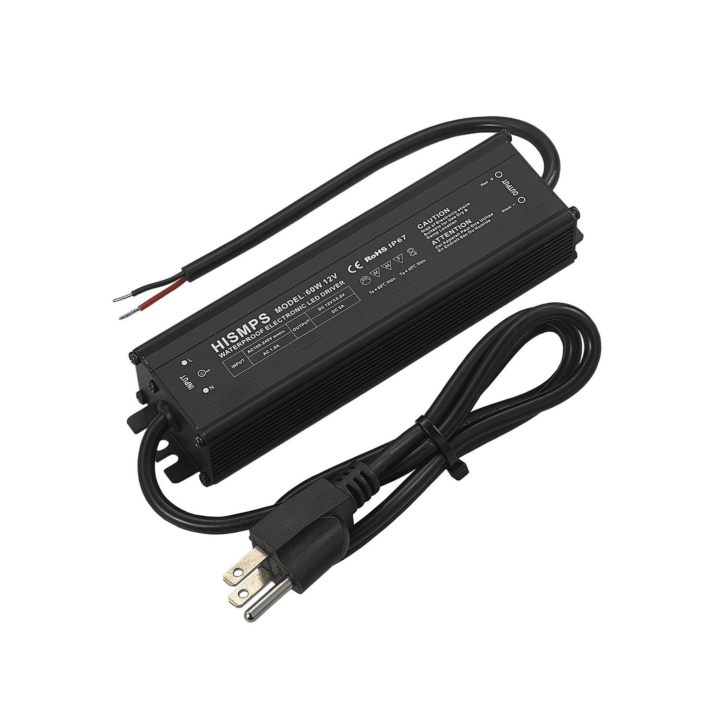 HISMPS 60W 12V Waterproof IP67 Power Supply 100V-240V AC to 12V 5A DC LED Constant Voltage Driver Converter Transformer Adapter with 3-Prong Plug 3.3