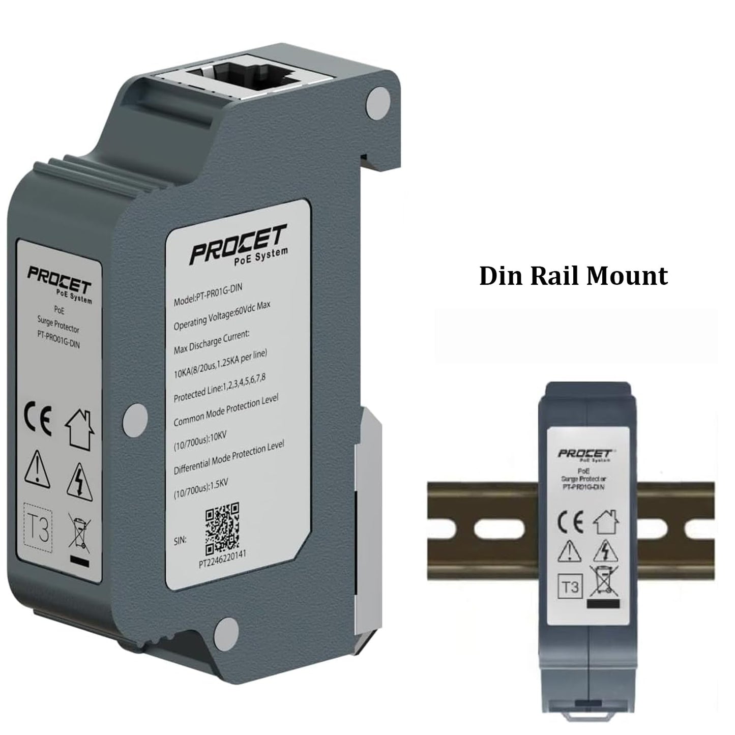 PROCET 10KV DIN Rail PoE Surge Protector IEEE802.3bt/PoE++ Up to 120W Gigabit PoE 10KV Lightning Suppressor, -40? to 185?, Industrial Zinc Alloy, Gas