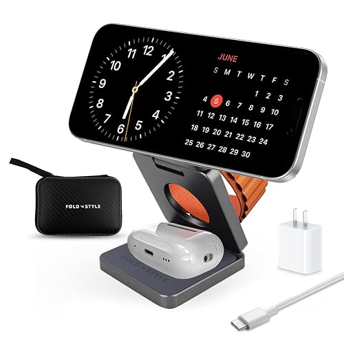 Fold 'N Style 3-in-1 Foldable Magnetic Wireless Charging Stand, 15W Fast Charger Compatible with iPhone 15/14/13/12 Pro/Max/Plus, Apple Watch