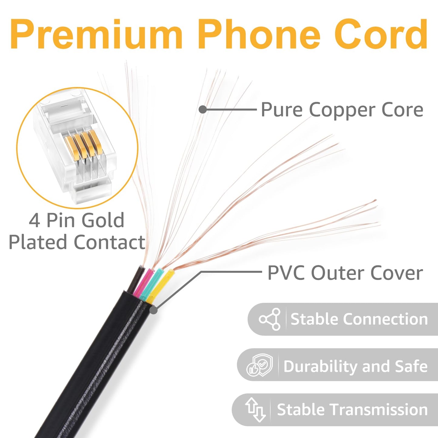 Uvital Telephone Phone Handset Cable Cord, Coiled Length 1.2 to 8.5 Feet Uncoiled Landline Phone Handset Cable Cord RJ9/RJ10/RJ22 4P4C(Black,4 PCS)