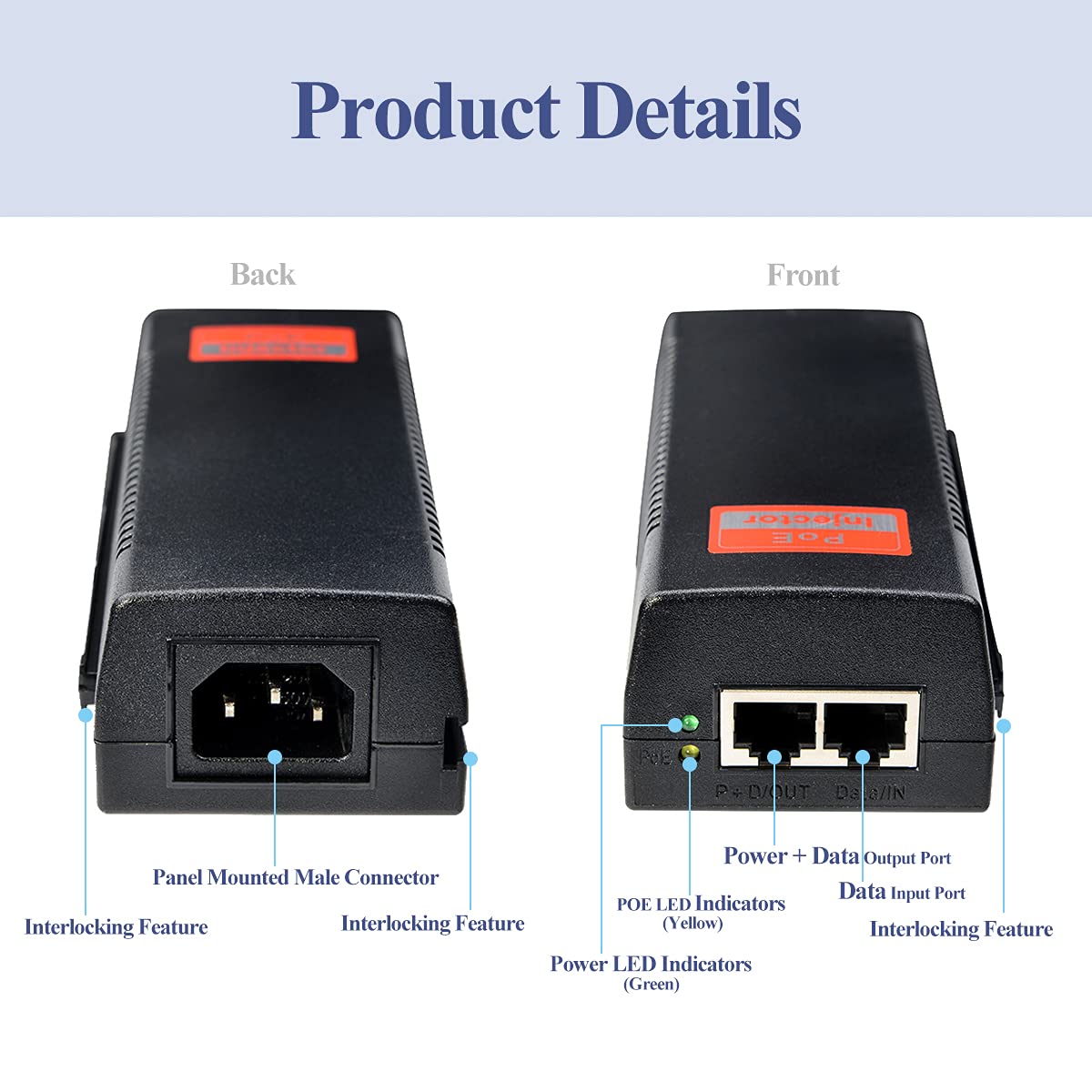 Revotech 30W PoE Injector Adapter Gigabit, IEEE 802.3 at/af 48V DC Passive POE+ RJ-45 10/100/1000Mbps, up to 100 Meters (328 Feet), Plug and Play