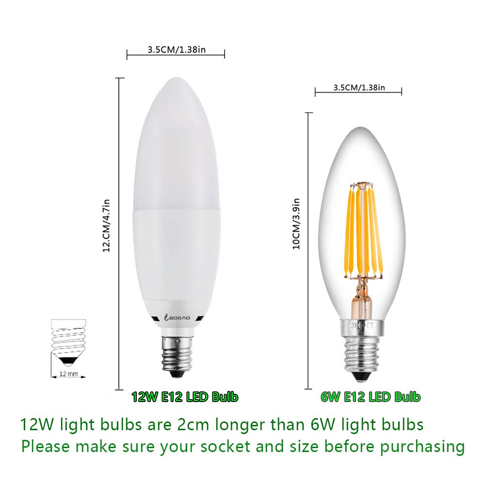 BOGAO LED Candelabra Bulb, 12W 6000K LED Candle Bulbs, 85-100W Equivalent, E12 Base, 1200 Lumens, Torpedo Shape (4 Pack 6000K RB)