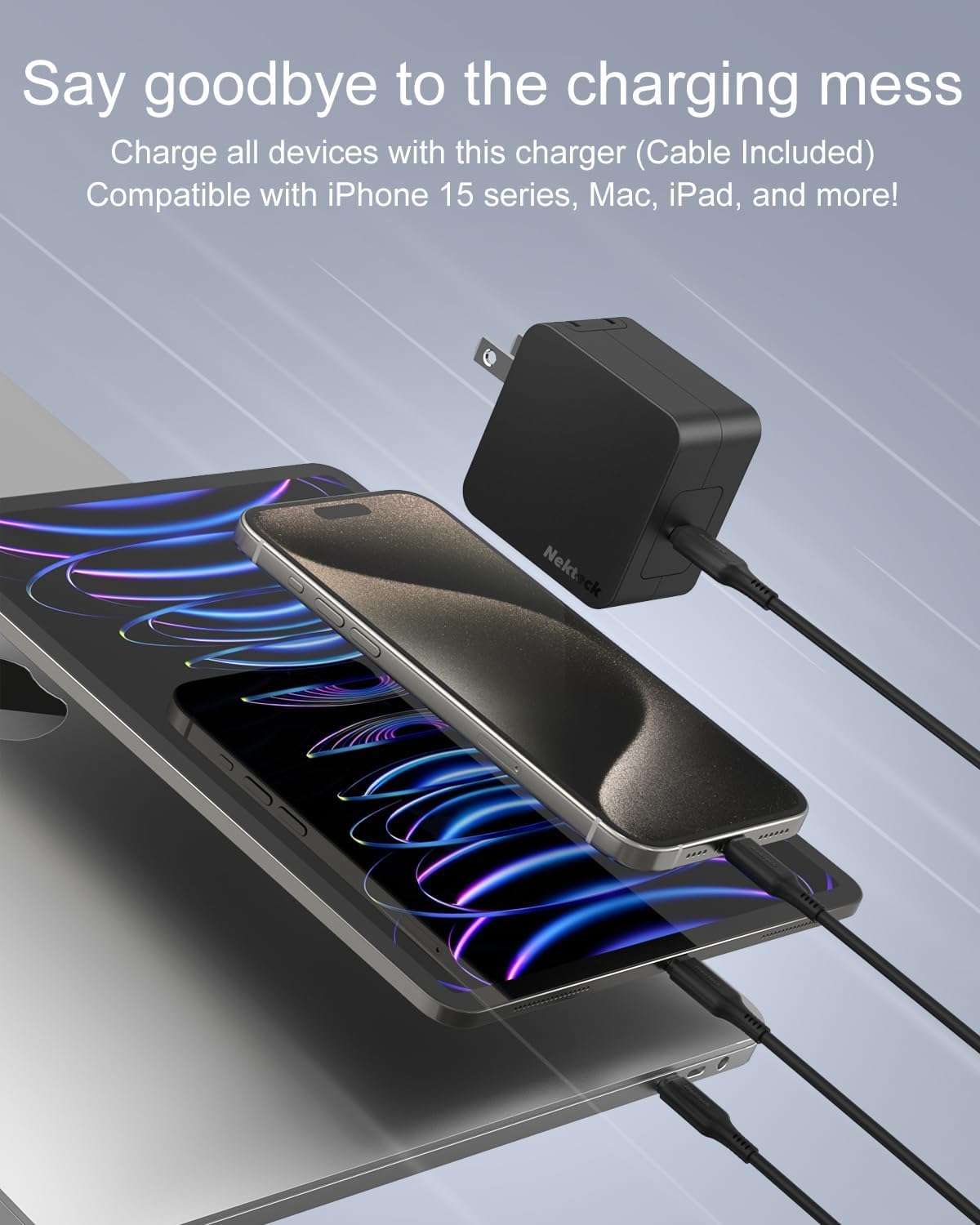 60W USB C Charger Fast Charging, Nekteck GaN Tech PD 3.0 Fast Charging with Foldable Plug, Compatible with MacBook Air/Pro, iPhone 15/16/17 Series