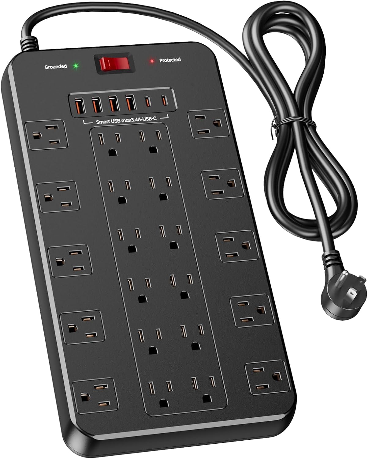 Surge Protector Power Strip with 22 Outlets 6 USB Ports(2 USB C), 1875W/15A, 6.5 FT Flat Plug Heavy Duty Extension Cord with Multiple Outlets for Home