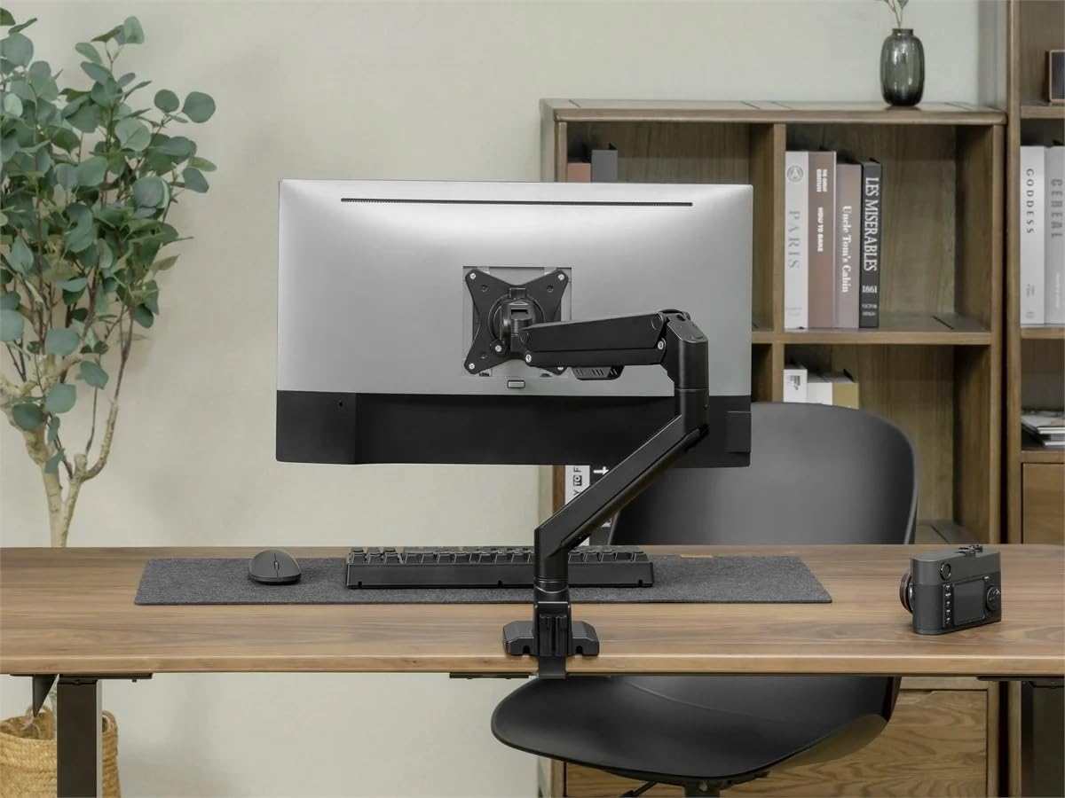 Monoprice Low Profile Single Monitor Gas Spring Desk Mount - Up to 32in/19.8 lbs Screens, Detachable VESA 100x100/75x75 Plate, 180 Degree Wall Stop