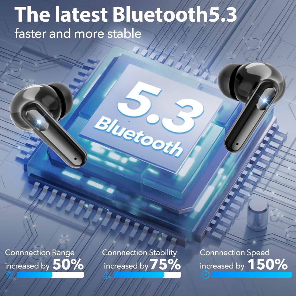 JBMI Bluetooth Earbuds Wireless Headphones, 50H Deep Bass Ear Buds with 4 Noise Cancelling Microphone, IPX5 Waterproof Earphones for iPhone Android